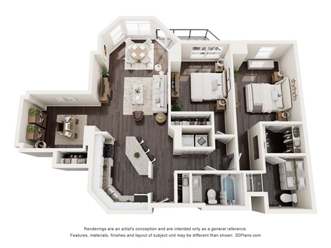 Floor plan for 2 beds, 2 baths, 1373 sqft